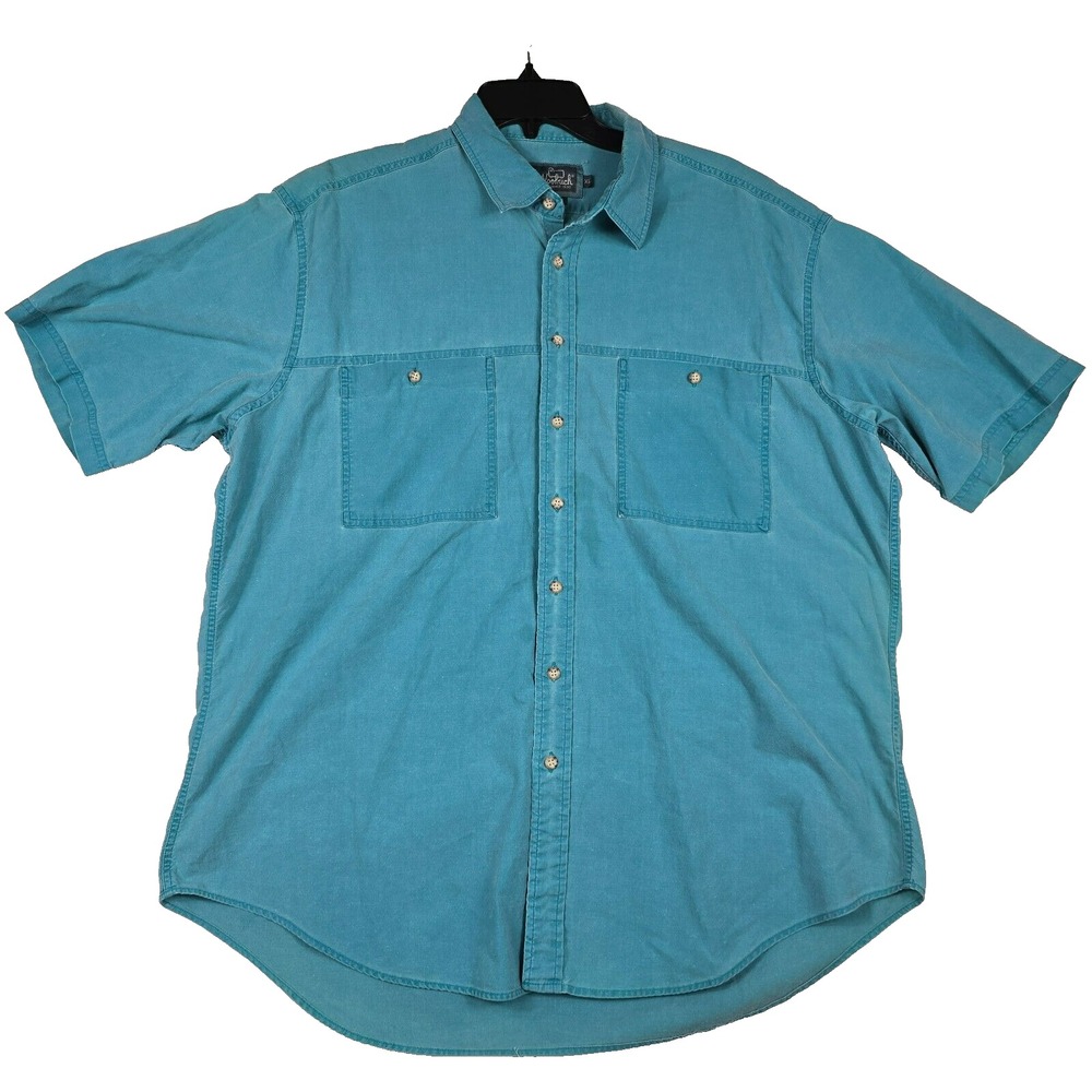 Woolrich Mens XL Short Sleeve Button Up Shirt Teal Blue Cotton Utility Pockets
